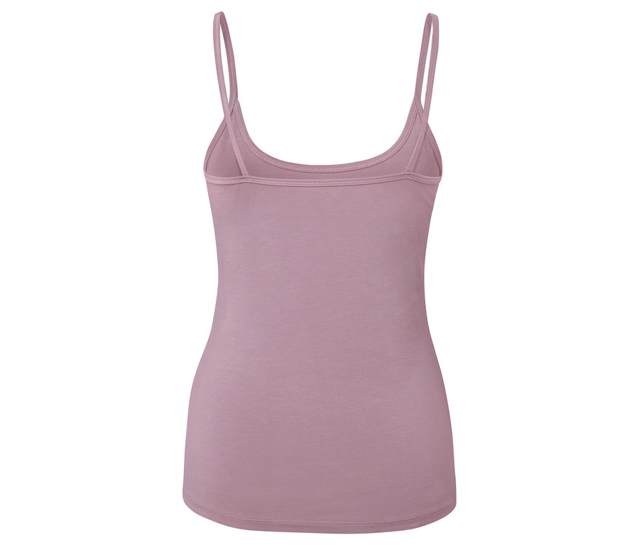 Vue arrière d'un débardeur violet à fines bretelles.