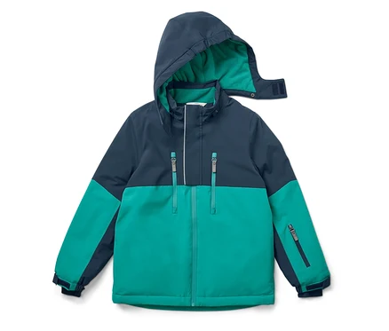 Veste à capuche bleu marine et turquoise, posée à plat.