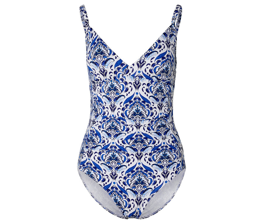 Maillot de bain blanc à motifs bleus.