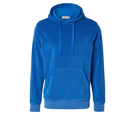 Sweat à capuche bleu en tissu éponge, isolé sur blanc.