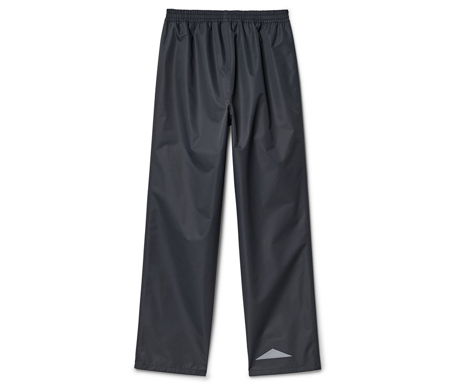 Pantalon de pluie long gris foncé avec taille élastique et triangle réfléchissant au bas de la jambe.