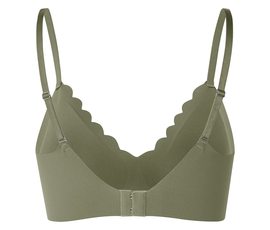 Vue arrière d'un soutien-gorge vert olive avec encolure ondulée et bretelles réglables.