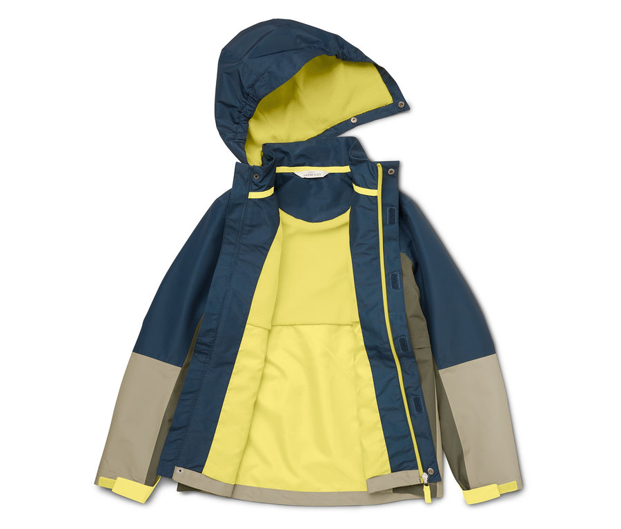 Veste d'enfant ouverte, bleu et beige, avec doublure jaune et capuche.