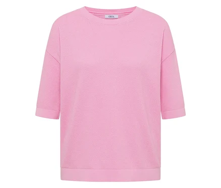 Pull à manches courtes CECIL rose texturé avec encolure ronde.