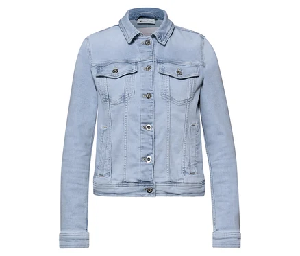 Veste en jean Street One bleu clair avec col, boutons argentés et deux poches poitrine, présentée à plat.