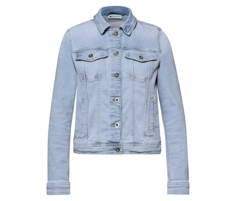 Veste en jean Street One bleu clair avec col, boutons argentés et deux poches poitrine, présentée à plat.