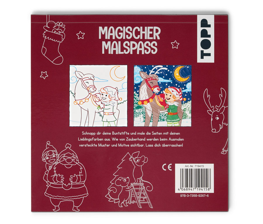 Couverture du livre de coloriage en papier magique « Joyeux Noël » avec des illustrations de Noël.
