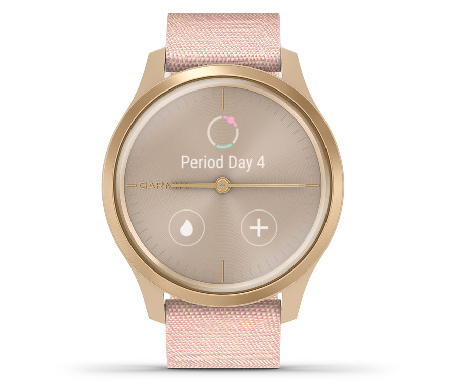 Gros plan sur la montre intelligente Garmin Vivomove Style affichant un écran de suivi du cycle menstruel.