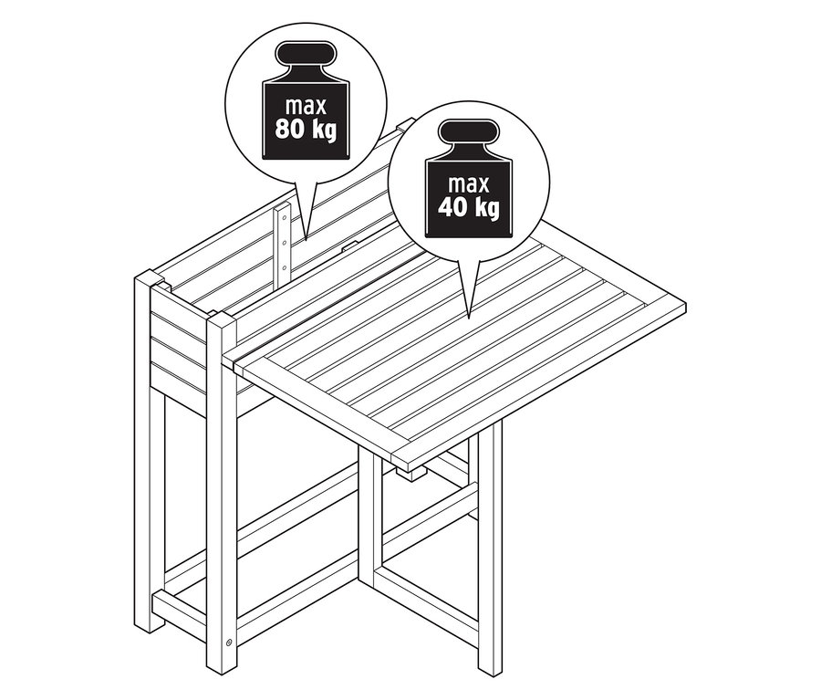 Vue de dessus d'une table de jardin avec un poids maximum de 40 kg sur le plateau et un poids maximum de 80 kg sur le dessus.