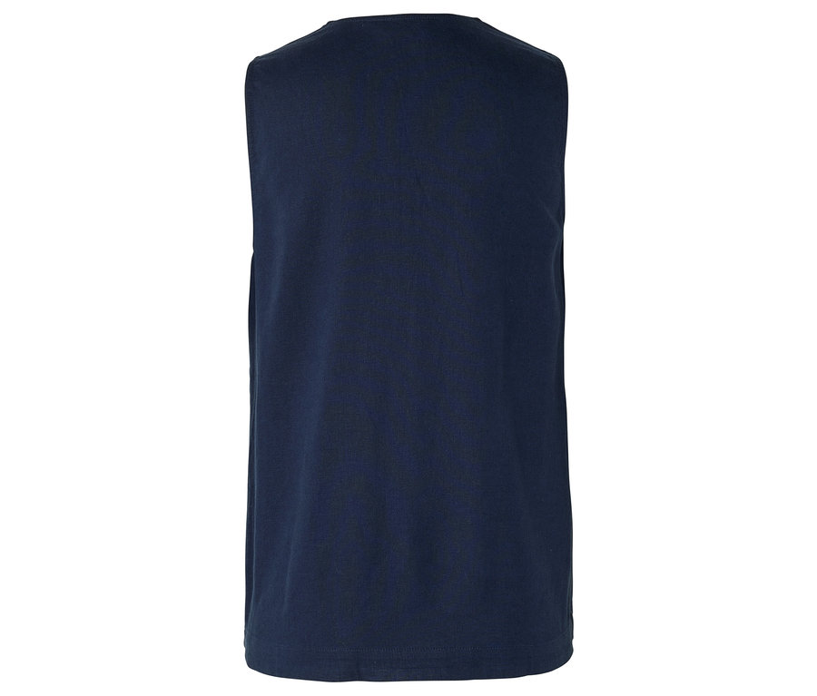 Gros plan d'une chemise bleu foncé sans manches.