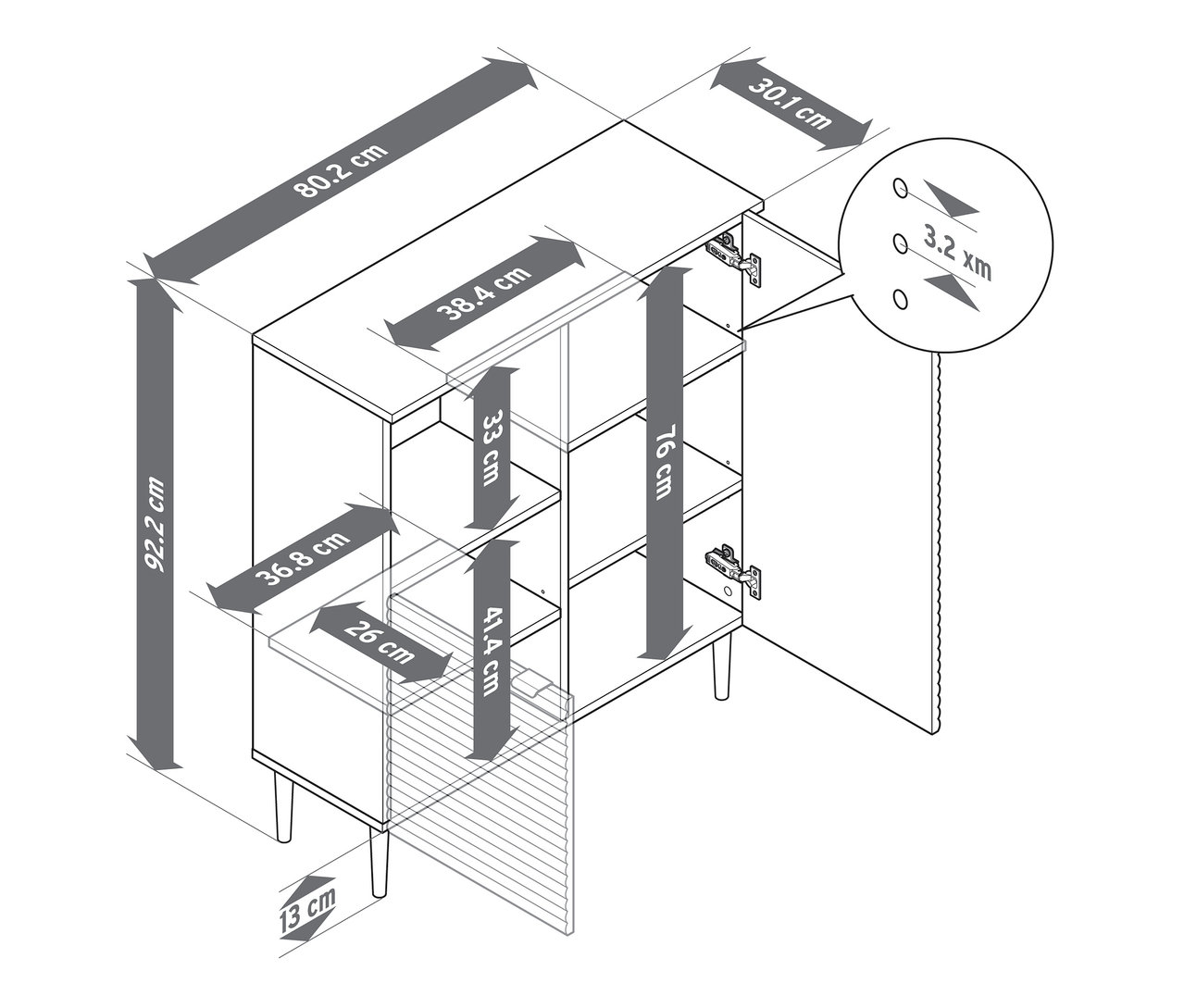 Illustration des dimensions de la commode de salle de bains « SONARI » avec portes.