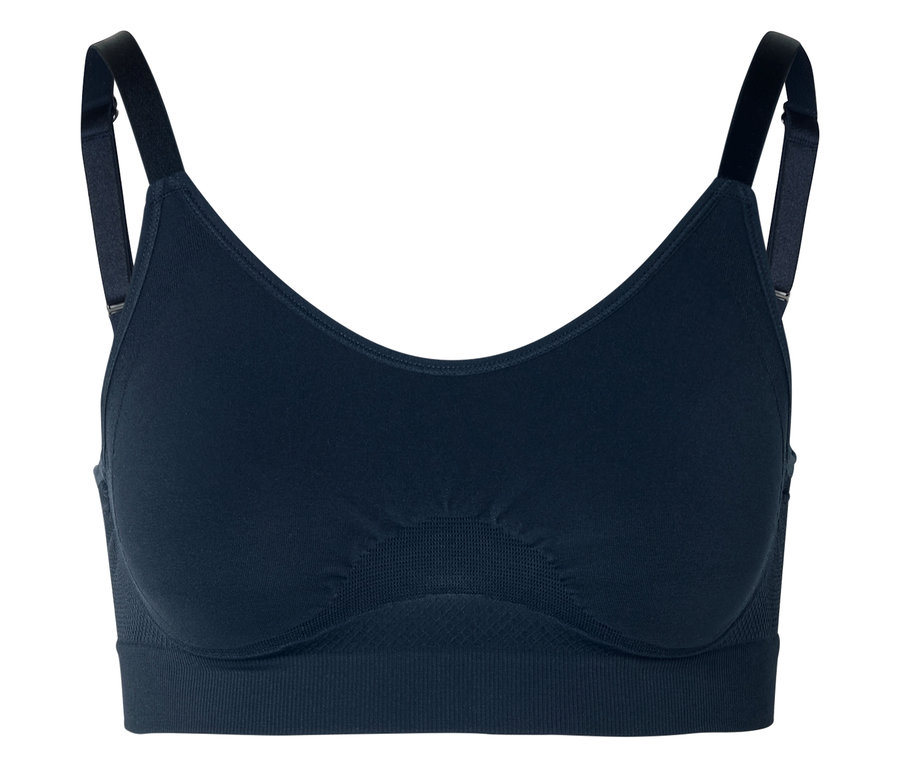 Soutien-gorge bleu marine avec bretelles réglables sur fond blanc.