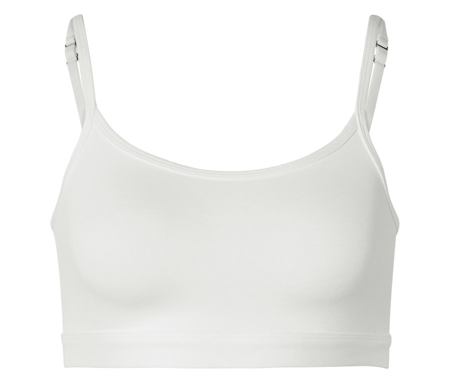 Soutien-gorge blanc à fines bretelles et boucles réglables.