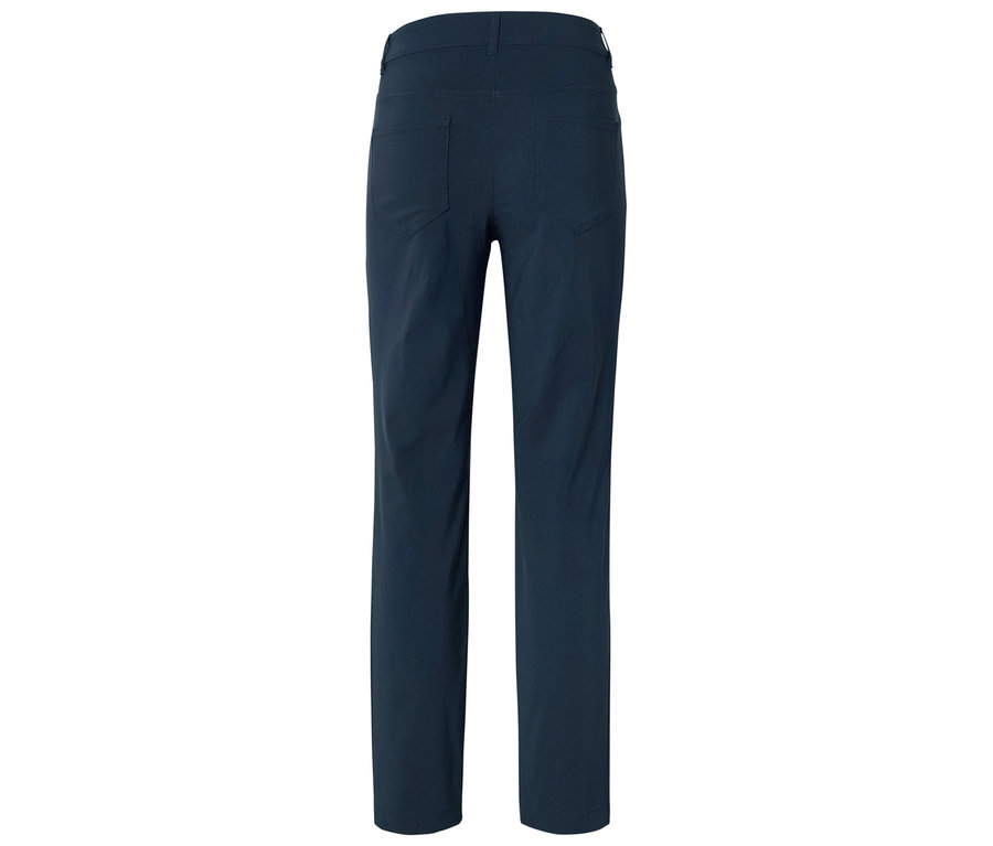 Pantalon long bleu foncé vu de dos, avec poches et passants de ceinture.