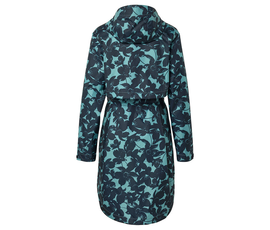 Vue arrière d'un manteau bleu-vert à capuche avec un motif floral foncé.