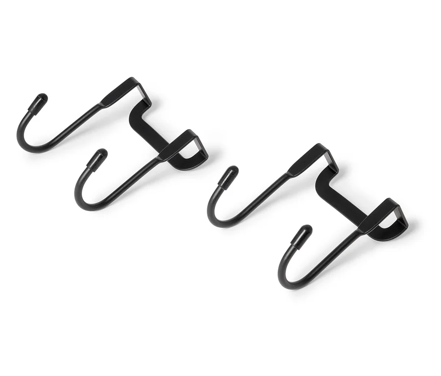 Deux crochets noirs disposés en diagonale sur un fond blanc.