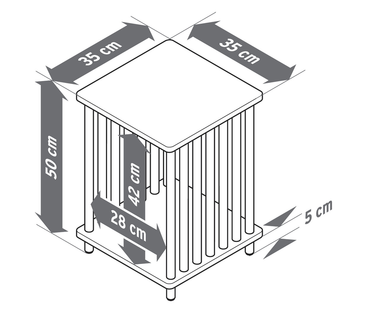 Vue de dessus d'une représentation schématique d'une table d'appoint avec des dimensions. Il s'agit d'une table d'appoint décorative.