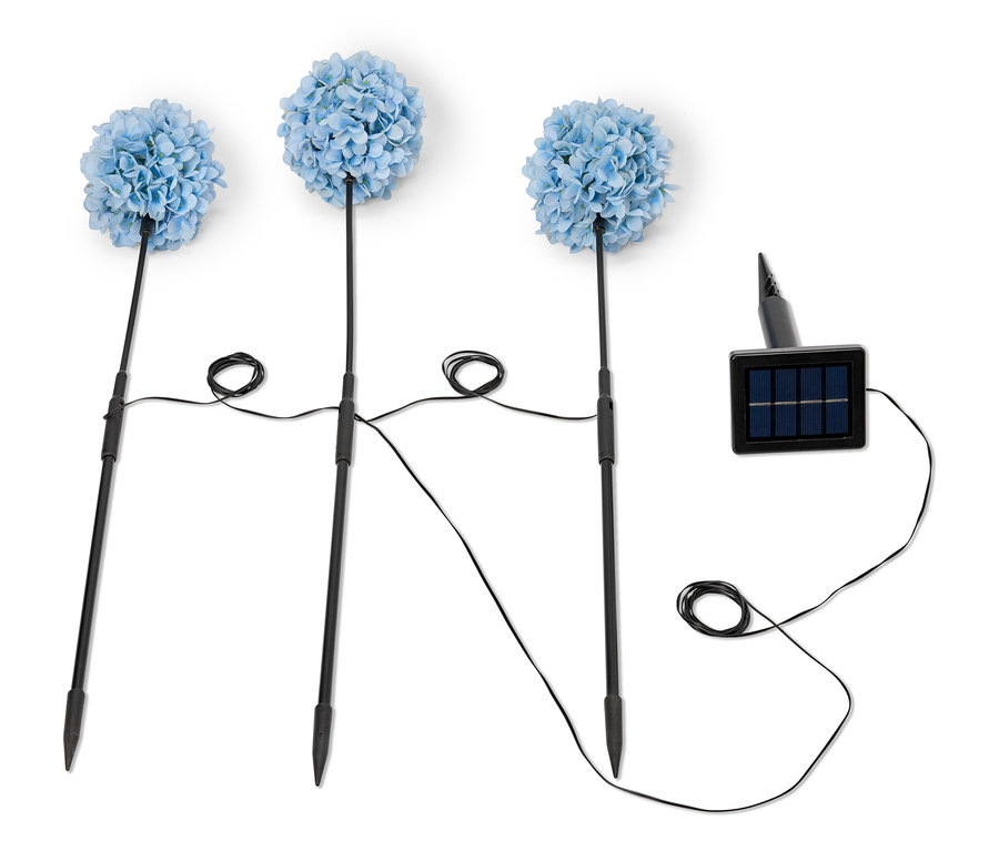 Trois lampes solaires hortensias bleues avec câble noir et panneau solaire sur fond blanc.