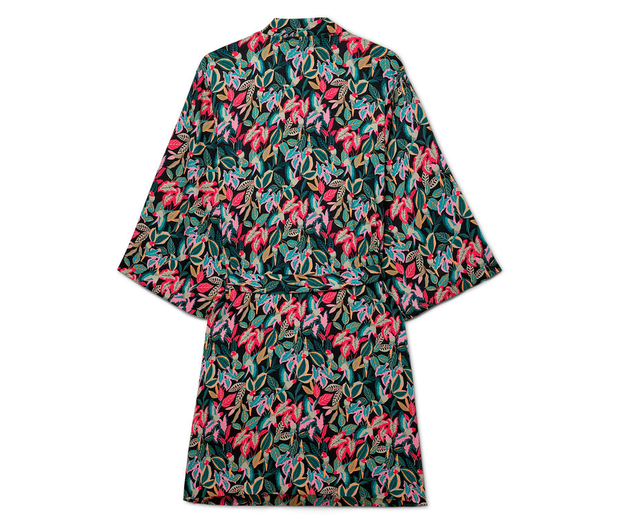 Vue arrière d'un peignoir à motifs floraux avec une ceinture à nouer.