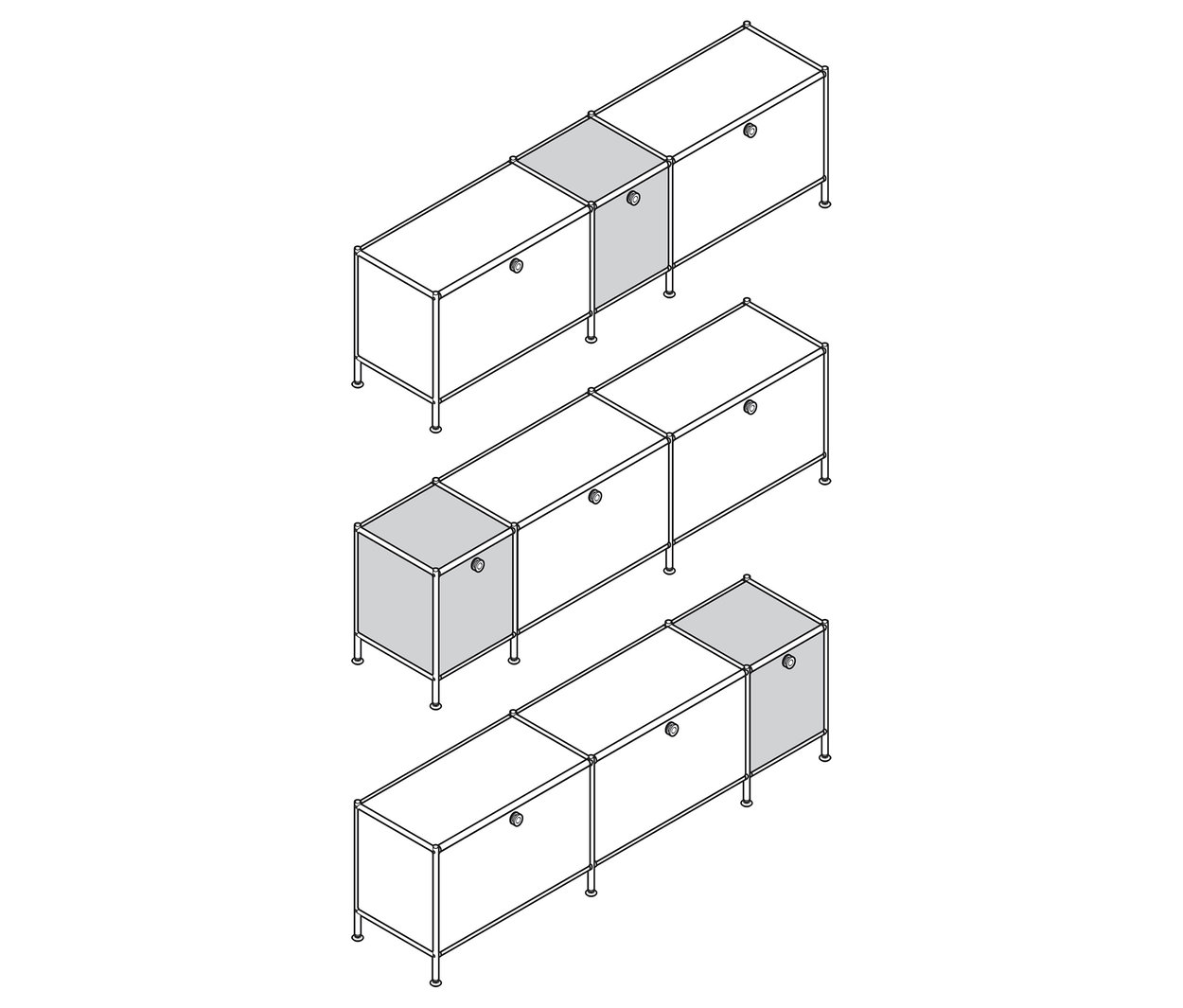 Trois meubles bas « CN3 » avec 3 abattants chacun, en noir, blanc et gris.