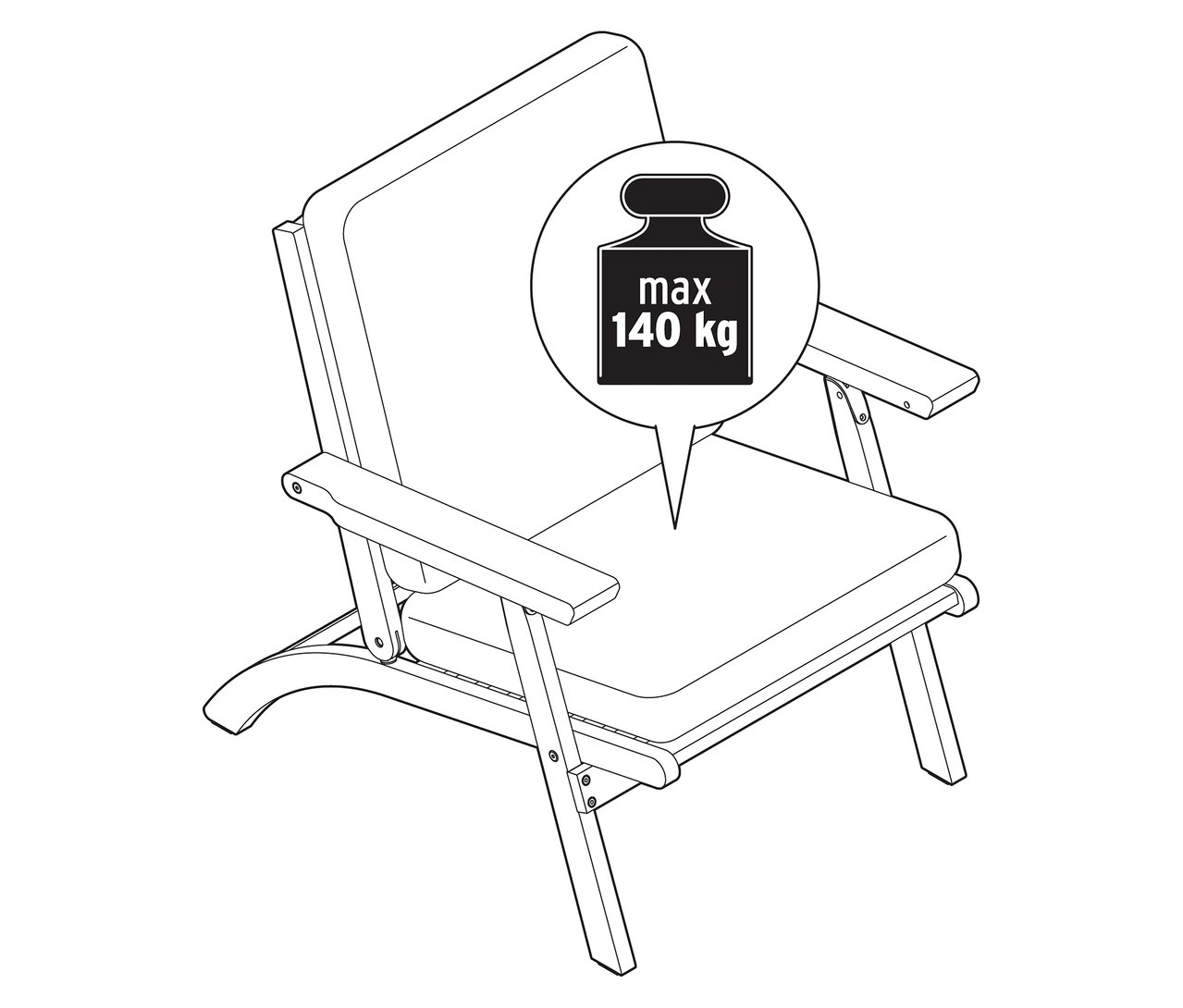 Illustration d'un fauteuil de salon de jardin pliable avec coussins premium, faisant partie d'un ensemble de 4 pièces, avec une charge maximale de 140 kg.