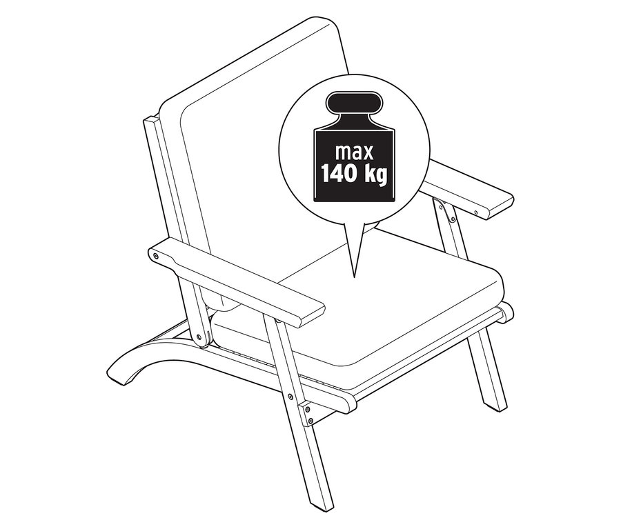 Illustration d'un fauteuil de salon de jardin pliable avec coussins premium, faisant partie d'un ensemble de 4 pièces, avec une charge maximale de 140 kg.
