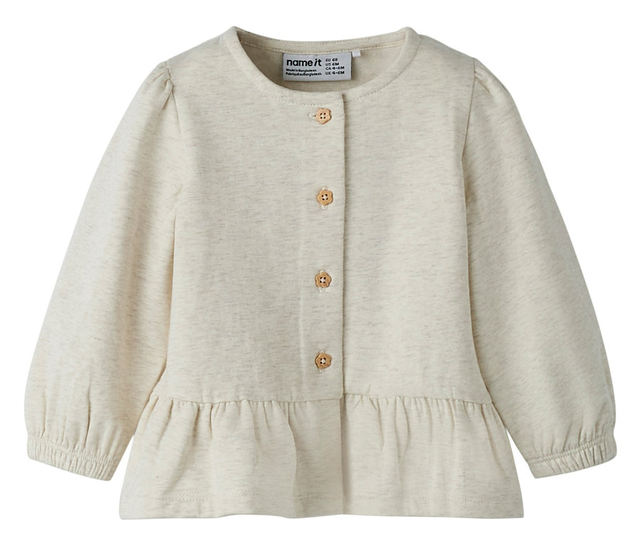 Veste sweat bébé NAME IT beige clair avec ourlet à froufrous et boutons.