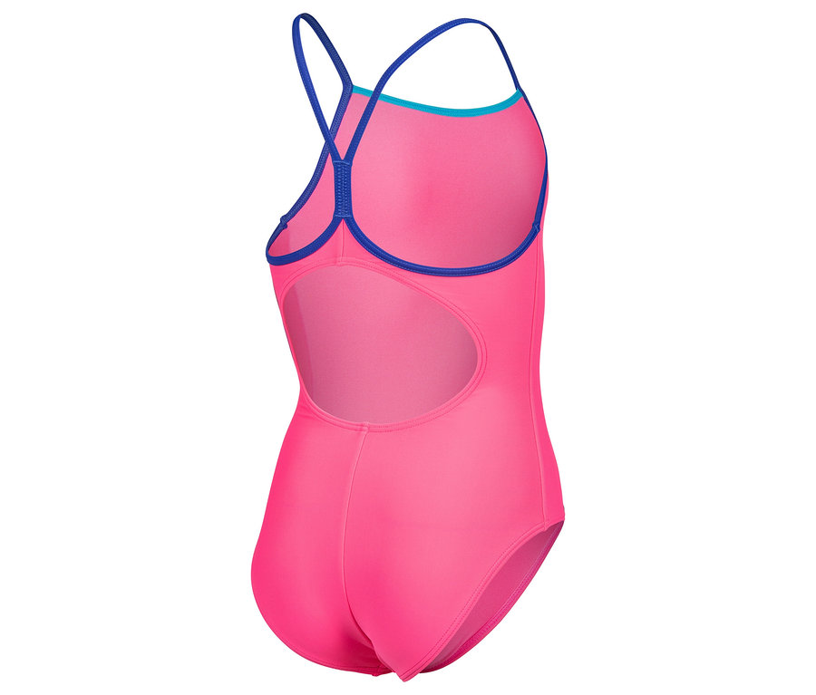 Vue arrière d'un maillot de bain rose avec des bretelles bleues et une bordure bleue.