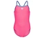 Maillot de bain rose avec bretelles bleues.