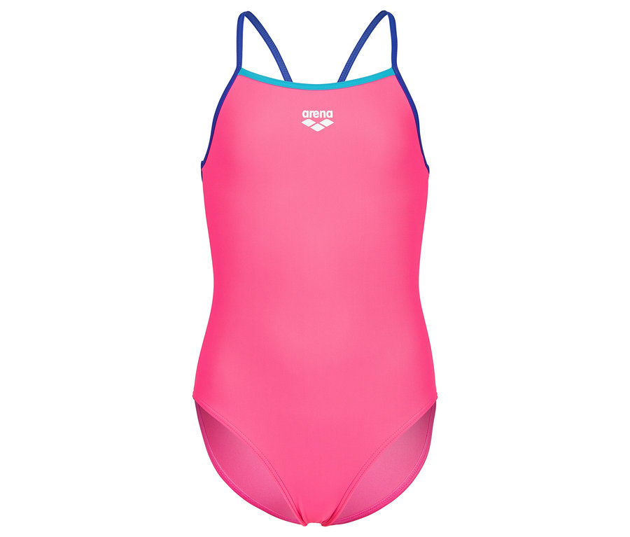 Maillot de bain rose avec bretelles bleues.