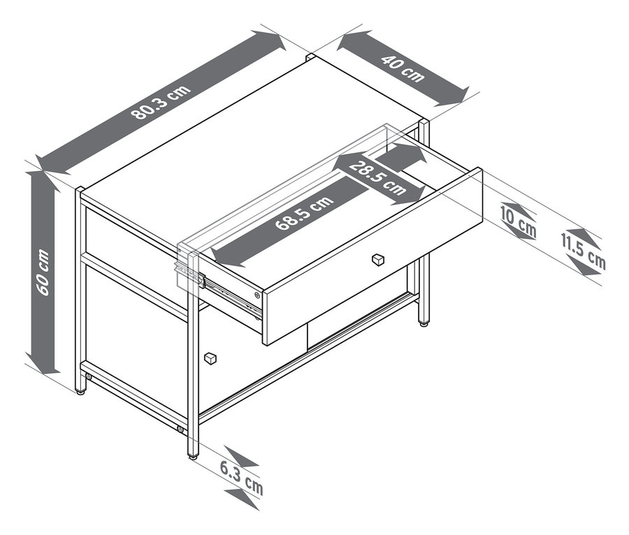 Vue de dessus d'une commode « GRADE » avec tiroir et portes coulissantes, avec dimensions.