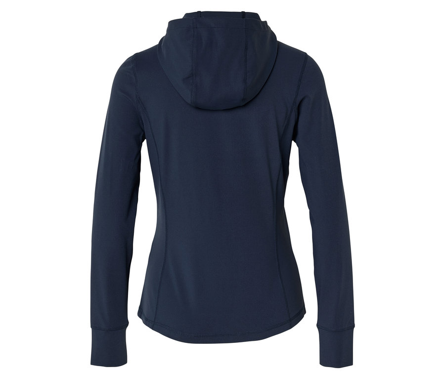 Vue arrière d'un sweat à capuche bleu marine à manches longues.