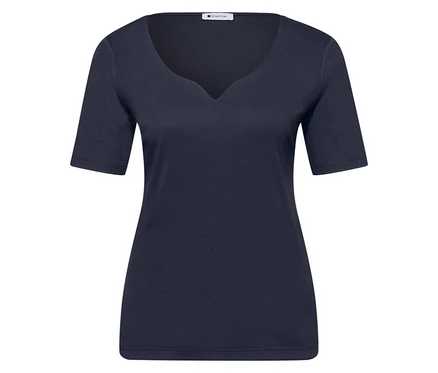 Chemise à manches courtes Street One, bleu marine. Chemise bleu marine à manches courtes et col en V, posée à plat.