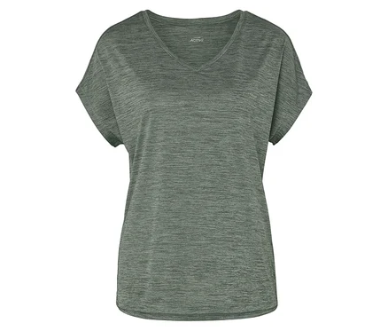 Un t-shirt Active gris à manches courtes et col en V est présenté sur un fond blanc.