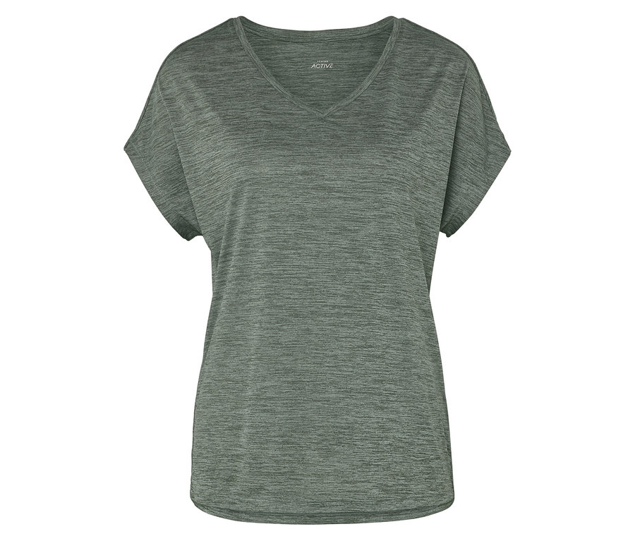 Un t-shirt Active gris à manches courtes et col en V est présenté sur un fond blanc.
