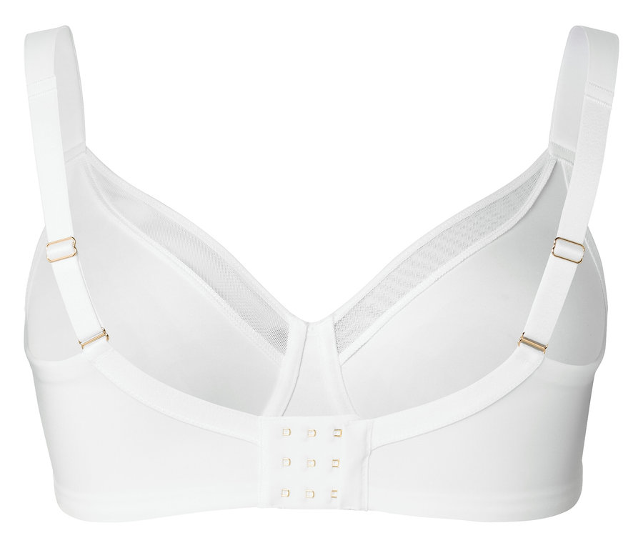 Soutien-gorge blanc avec bretelles réglables et fermeture à agrafes dans le dos.