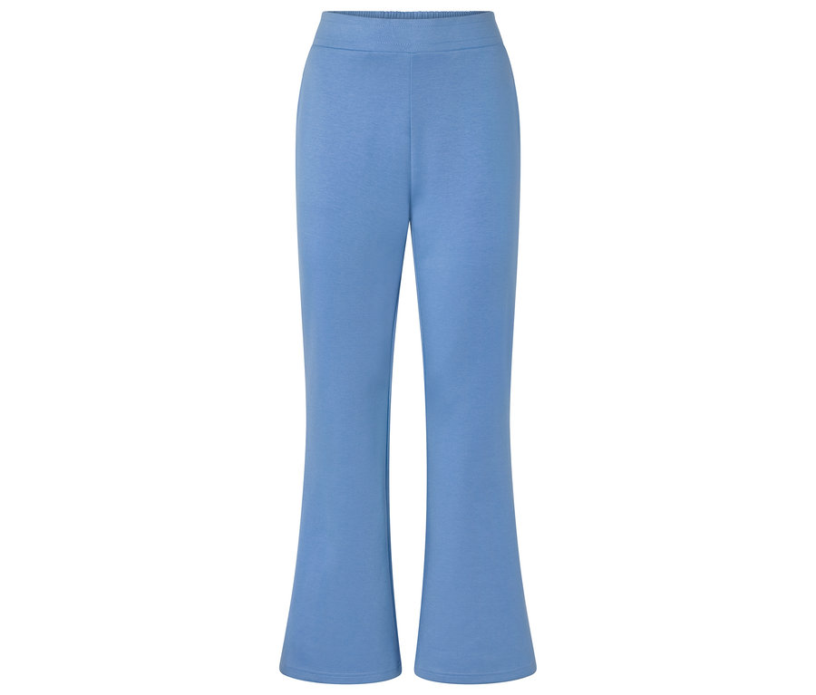 Pantalon en tissu bleu clair avec bas évasé.