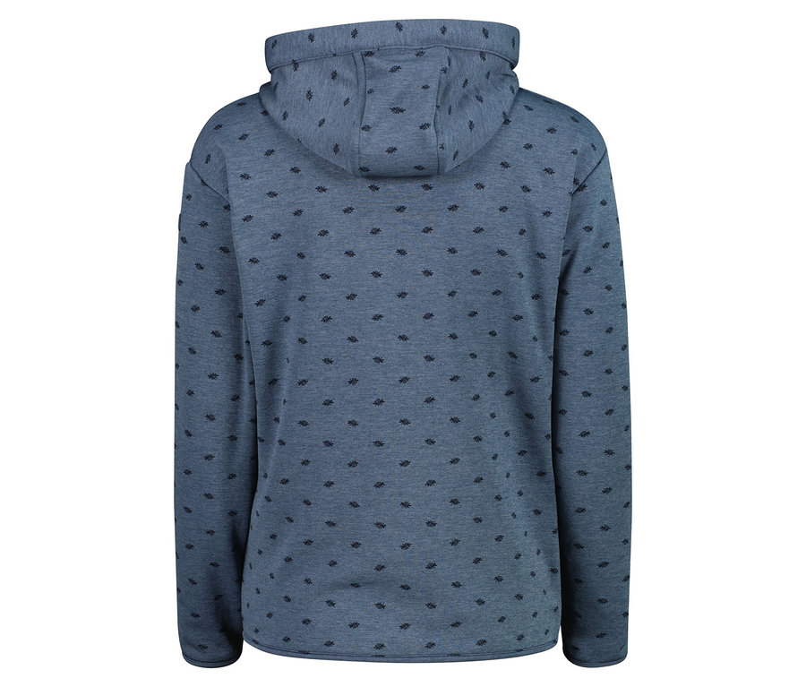 Vue arrière d'un sweat à capuche bleu avec un motif foncé.
