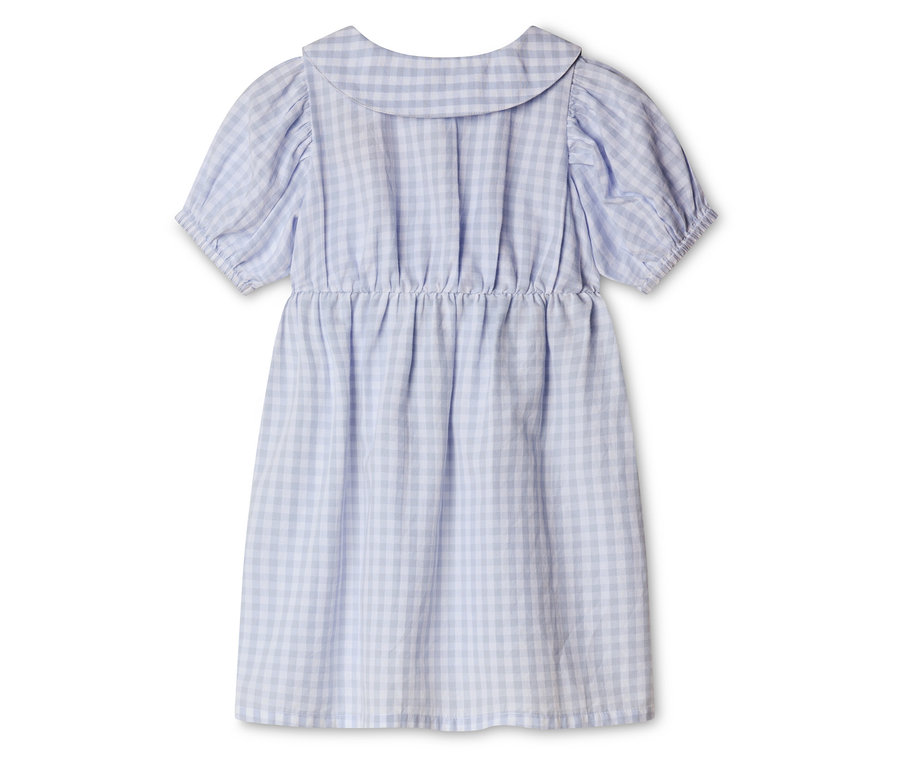 Robe à carreaux bleu clair avec manches courtes bouffantes et col resserrée à la taille.