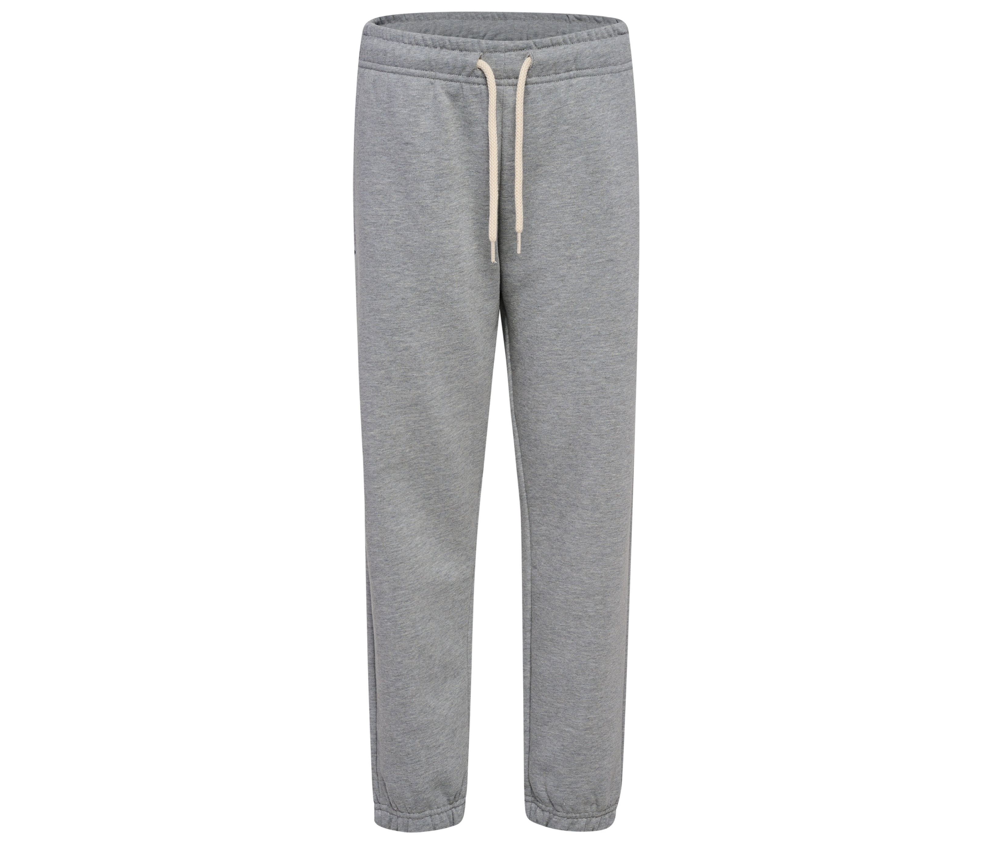 Pantalon de survêtement ample hummel® HMLJR Bee gris avec cordon de serrage, sur fond blanc.