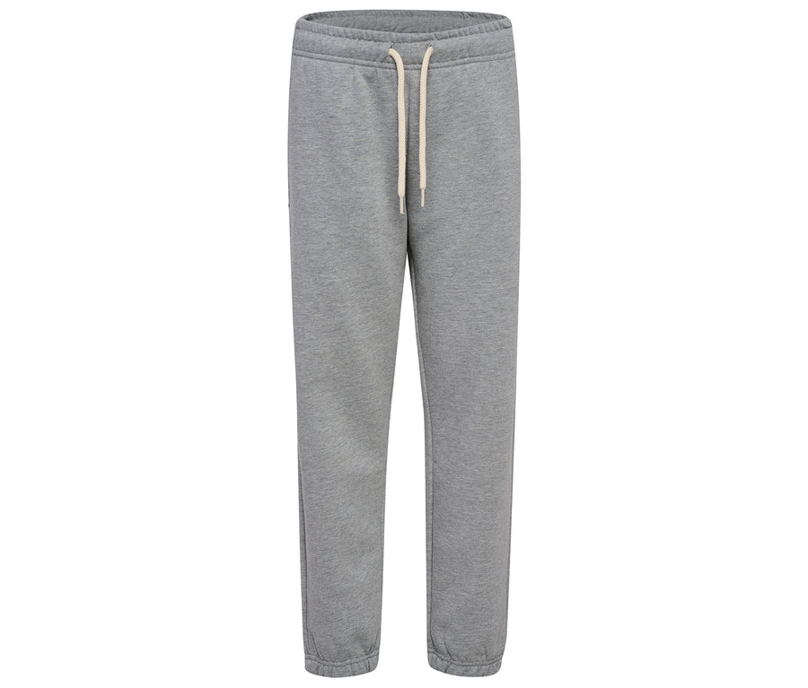 Pantalon de survêtement ample hummel® HMLJR Bee gris avec cordon de serrage, sur fond blanc.