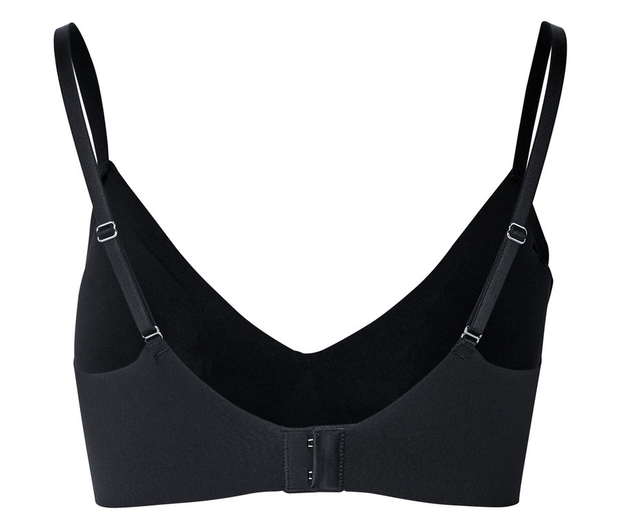 Vue arrière d'un soutien-gorge noir avec bretelles réglables et fermeture à agrafes.