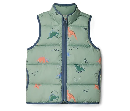 Veste sans manches matelassée vert clair avec fermeture éclair bleue et motif dinosaure.