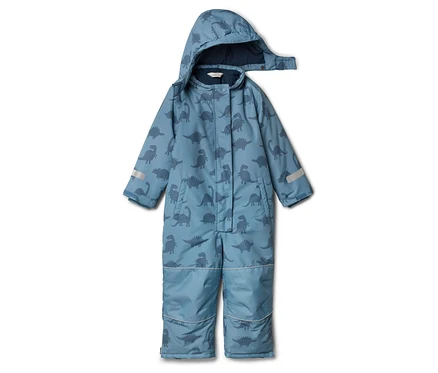 Combinaison de neige bleue à capuche avec motif de dinosaures, bandes réfléchissantes sur les manches et les jambes.