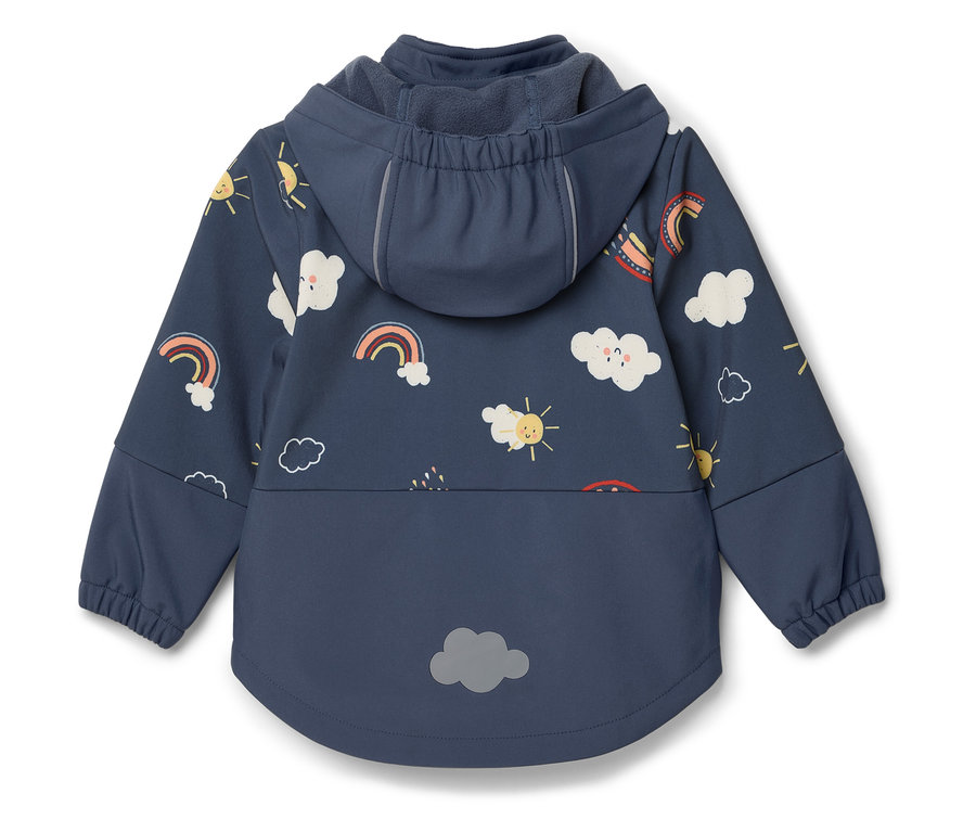 Vue arrière d'une veste pour enfant bleu marine à capuche ornée de nuages, d'arcs-en-ciel et de soleils.