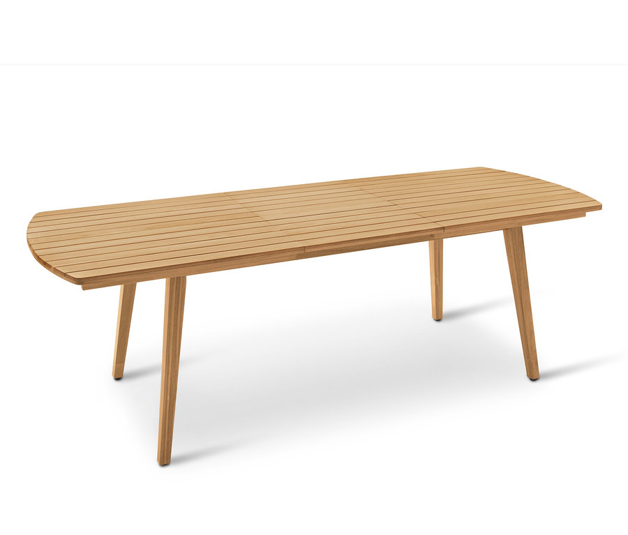 Table en bois rectangulaire allongée avec extrémités arrondies et quatre pieds coniques.