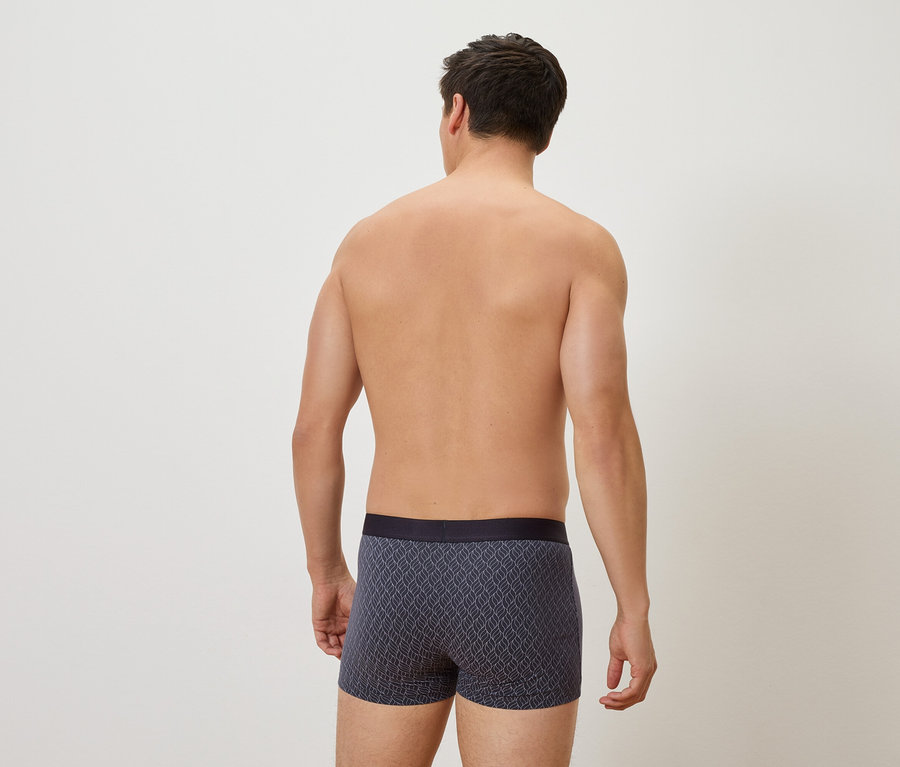 Homme vu de dos portant un boxer gris à motifs.