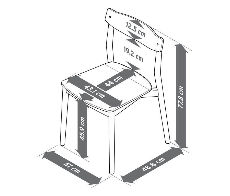 Dessin au trait d'une chaise avec des dimensions: hauteur totale 77,8 cm, hauteur d'assise 45,9 cm, largeur d'assise 44 cm, profondeur d'assise 43,1 cm, largeur totale 47 cm, profondeur totale 48,8 cm, hauteur du dossier 19,2 cm, largeur du dossier 12,5 cm.