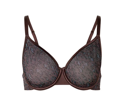 Soutien-gorge à armatures en maille marron avec un motif léopard bleu et marron.
