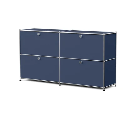 Un meuble modulaire bleu foncé avec un cadre argenté, composé de quatre compartiments avec portes et poignées rondes argentées.